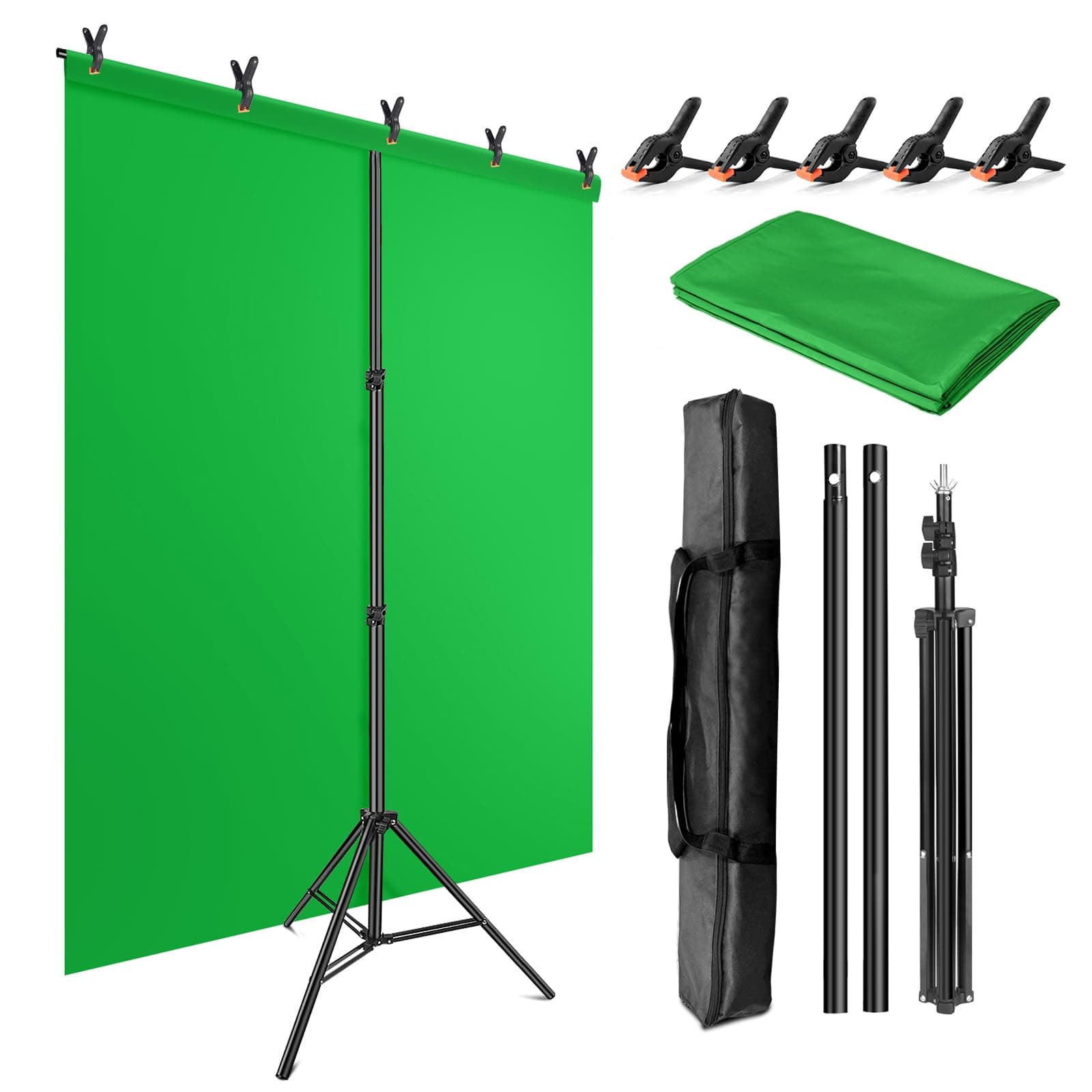Green Screen Backdrop Kit with Stand, 5X6.5ft Portable Green Screen Backdrop with Stand kit, GreenScreen Background with Stand Carrying Bag Clamp for Streaming Video Zoom