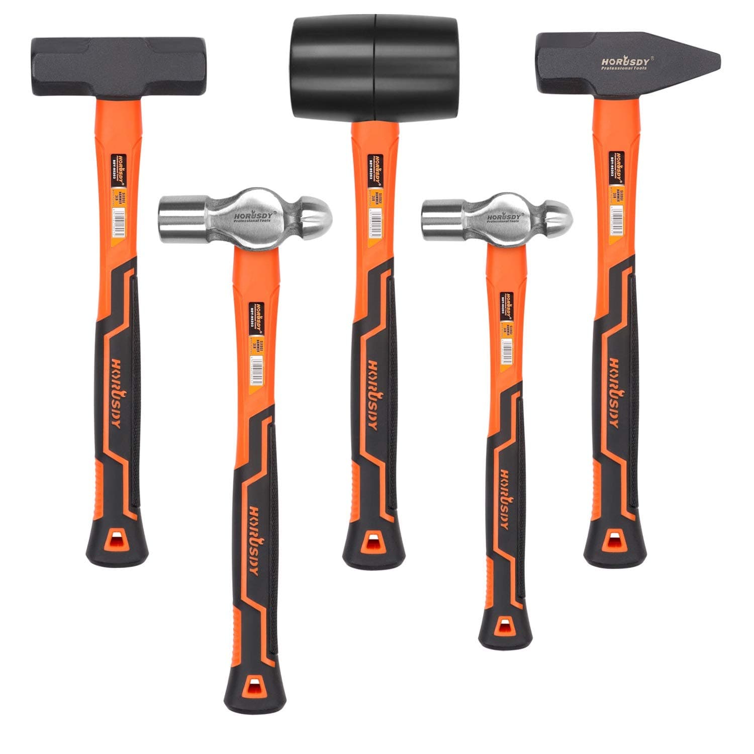 HORUSDY 5-Piece Hammer Set, 16oz and 32oz Ball Pein Hammers, 32oz Rubber Mallet, 3lb Sledge, 3lb Cross Peen Hammer