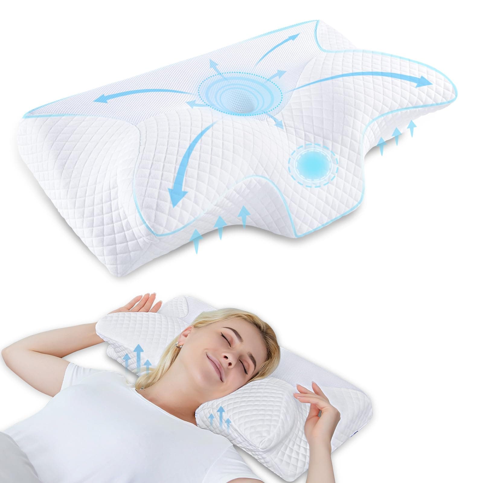 HOMCA Cervical Memory Foam Pillow, Ergonomic Contour Orthopedic Pillow for Neck Pain, Contoured Support Pillows for Side Back Stomach Sleepers, (White)