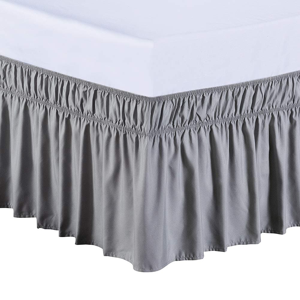 MEILA Wrap Around Bed Skirt Three Fabric Sides Elastic Dust Ruffled 16 Inch Tailored Drop,Easy to Install Fade Resistant-Grey, Queen/King