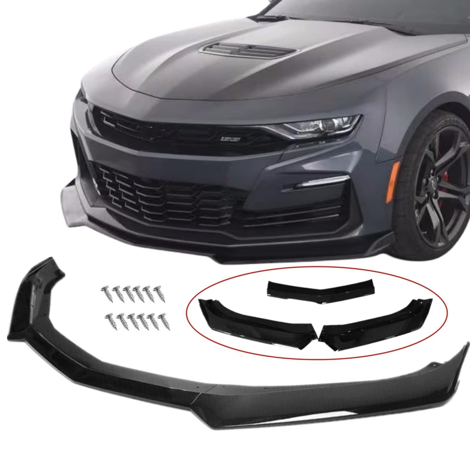 Front Bumper Lip Splitter Spoiler Compatible with 2016-2024 Chevy Camaro SS/ 2019-2024 LT LS RS, Air Chin Body Kit Accessories (Gloss Black)