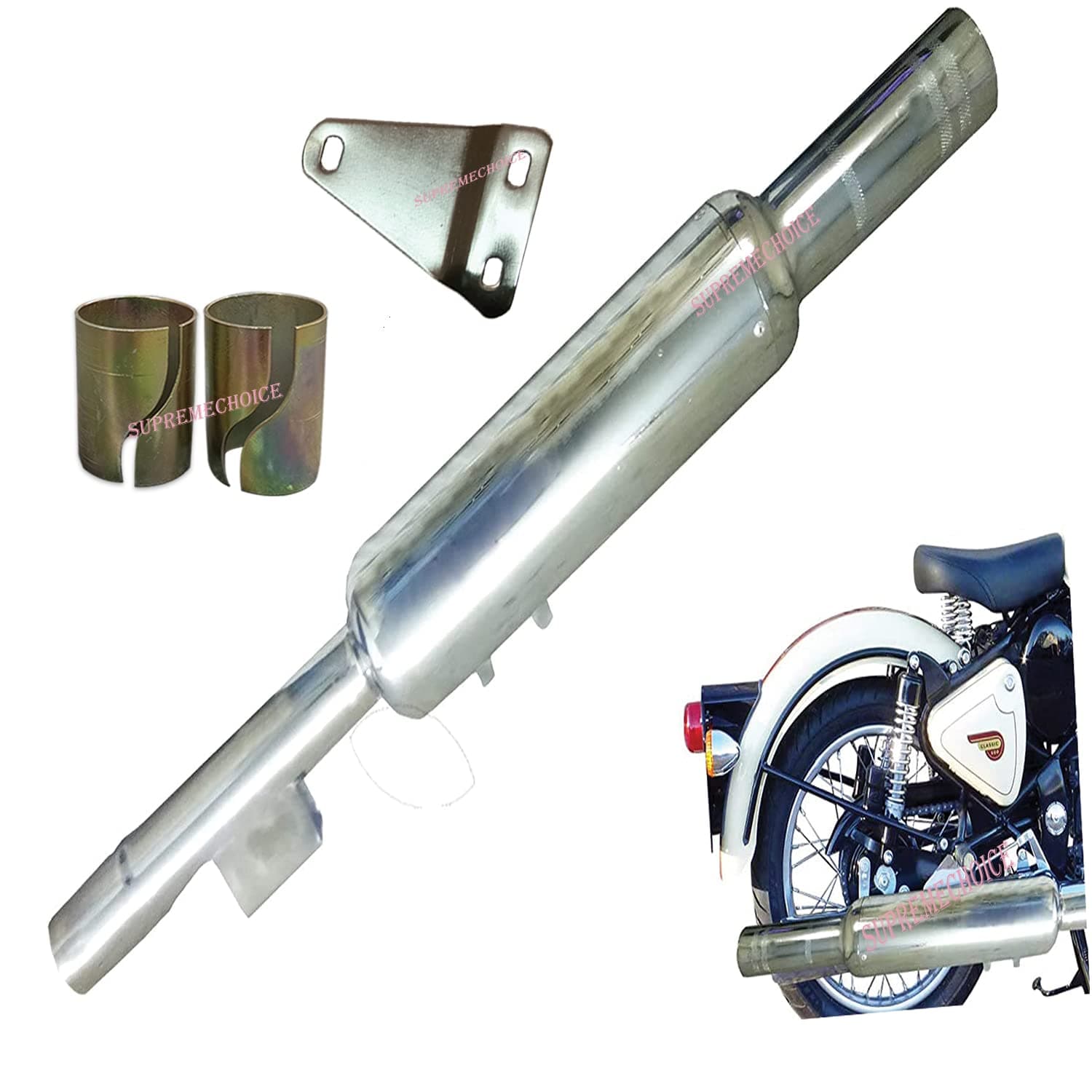 Supremechoice Bike Bullet SLM11 Silencer Bullet Exhaust Customized Short Bottle Chota Punjab Dholki Chrome Bike Exhaust With Zed Clamp & Bush for Royal Enfield Bullet Classic 350