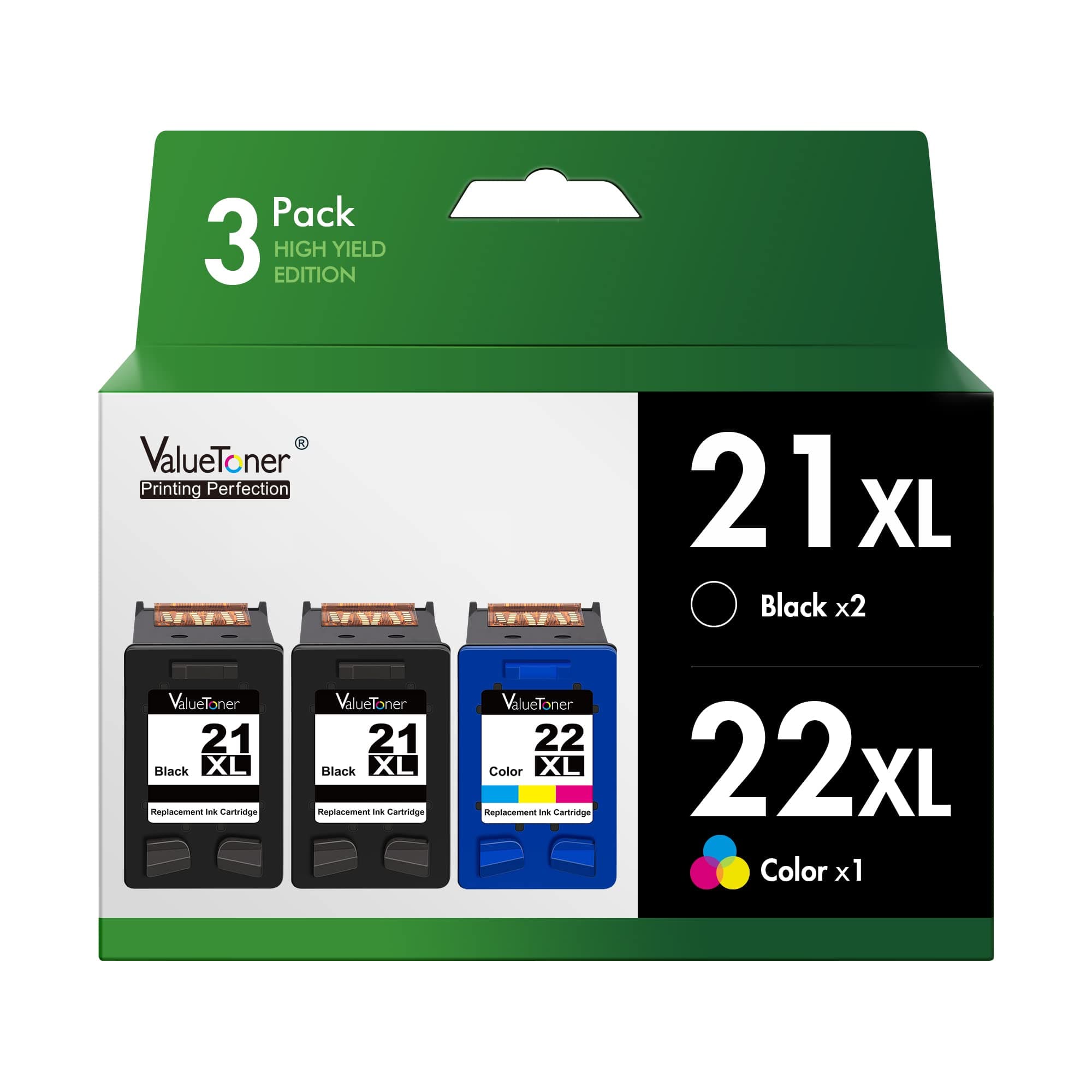 Valuetoner Remanufactured Ink Cartridge Replacement for HP 21 C9351AN & 22 C9352AN for DESKJET F4180 F2210 D1560, OFFICEJET 4315 J3640, FAX 3180, PSC 1401 Printer (2 Black, 1 Tri-Color, 3 Pack)