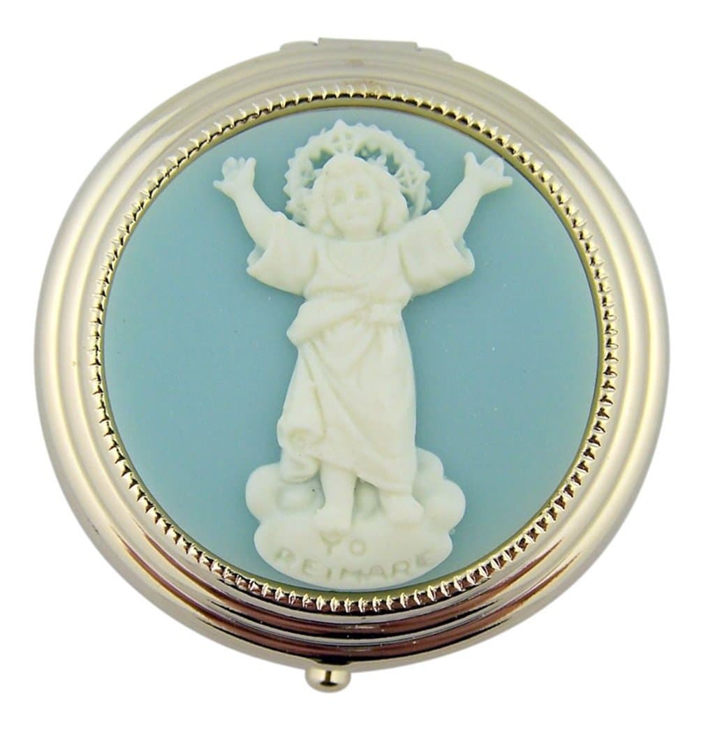 Divine Child Jesus Divino Nino Icon on Gold Tone Pill Box, 1 7/8 Inch