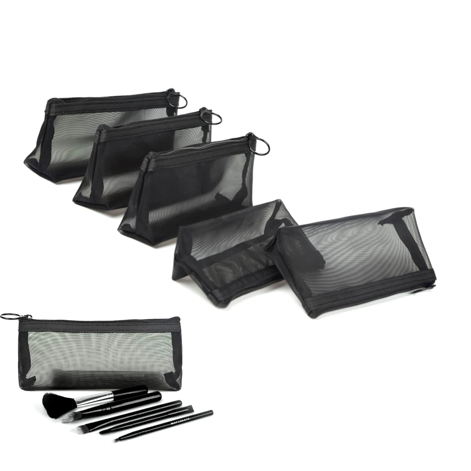 patuZipper Mesh Bags, Widened Long Case, 5 Pieces, Beauty Makeup Cosmetic Accessories Organizer, Travel Toiletry Kit Set Storage Pouch, Black