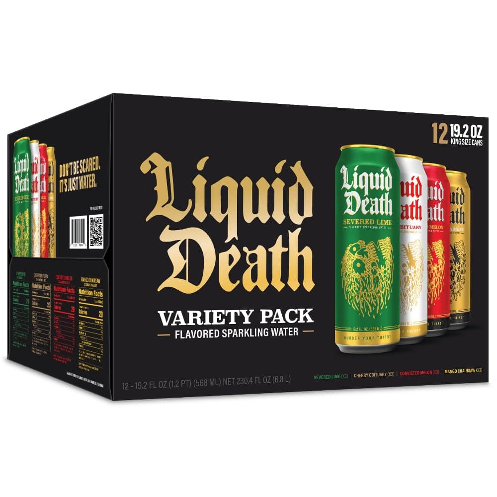 Liquid Death 12 Varieties of Soda Flavoured Sparkling Water (544g Cans) (Separate Lime, Mango Chainsaw, Melon Sentenced, Cherry Death Indication)
