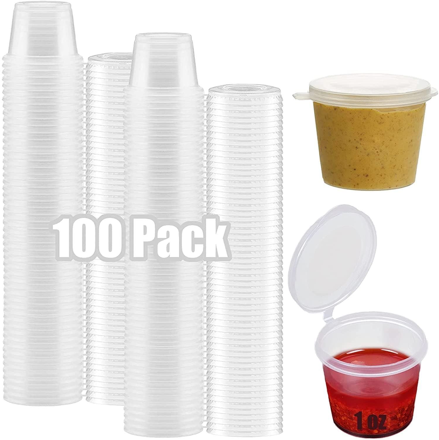 100 * 1oz Round Food Container Pots with Lids, Plastic Hinged Sauce Reusable Jelly Shot Cups Clear Small Deli Pot Restaurants Takeaways Containers for Dips Chutney Ketchup Salads-25ml