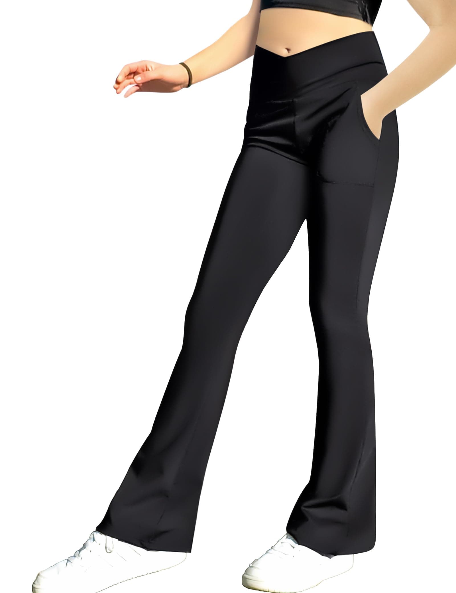 Girls' Leggings Cross Flare Pants with Pockets Black Soft Stretchy High Waisted Pants for Kids Child Yoga Dance