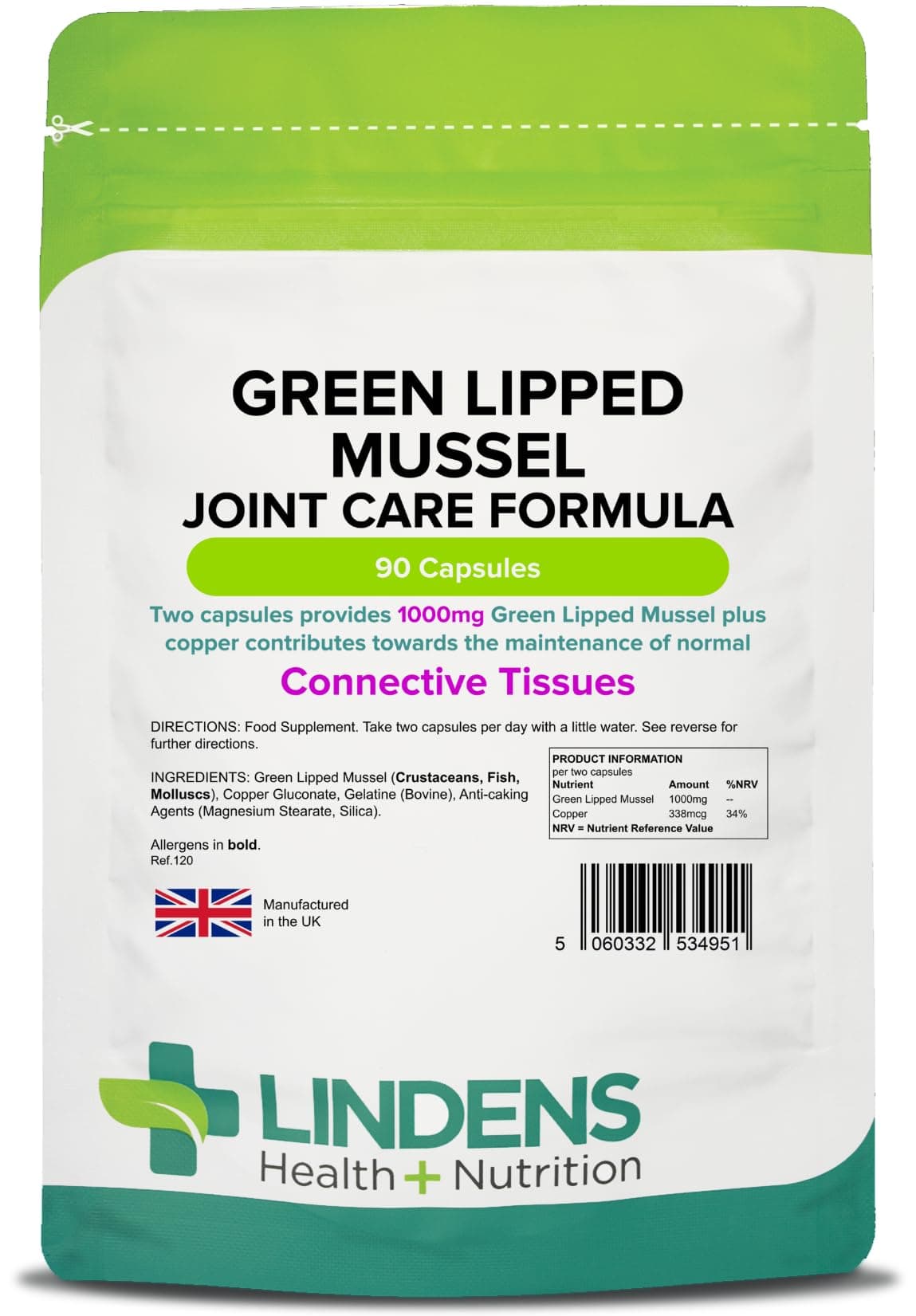 Lindens Green Lipped Mussel Extract 90 Capsules 500mg Supplement