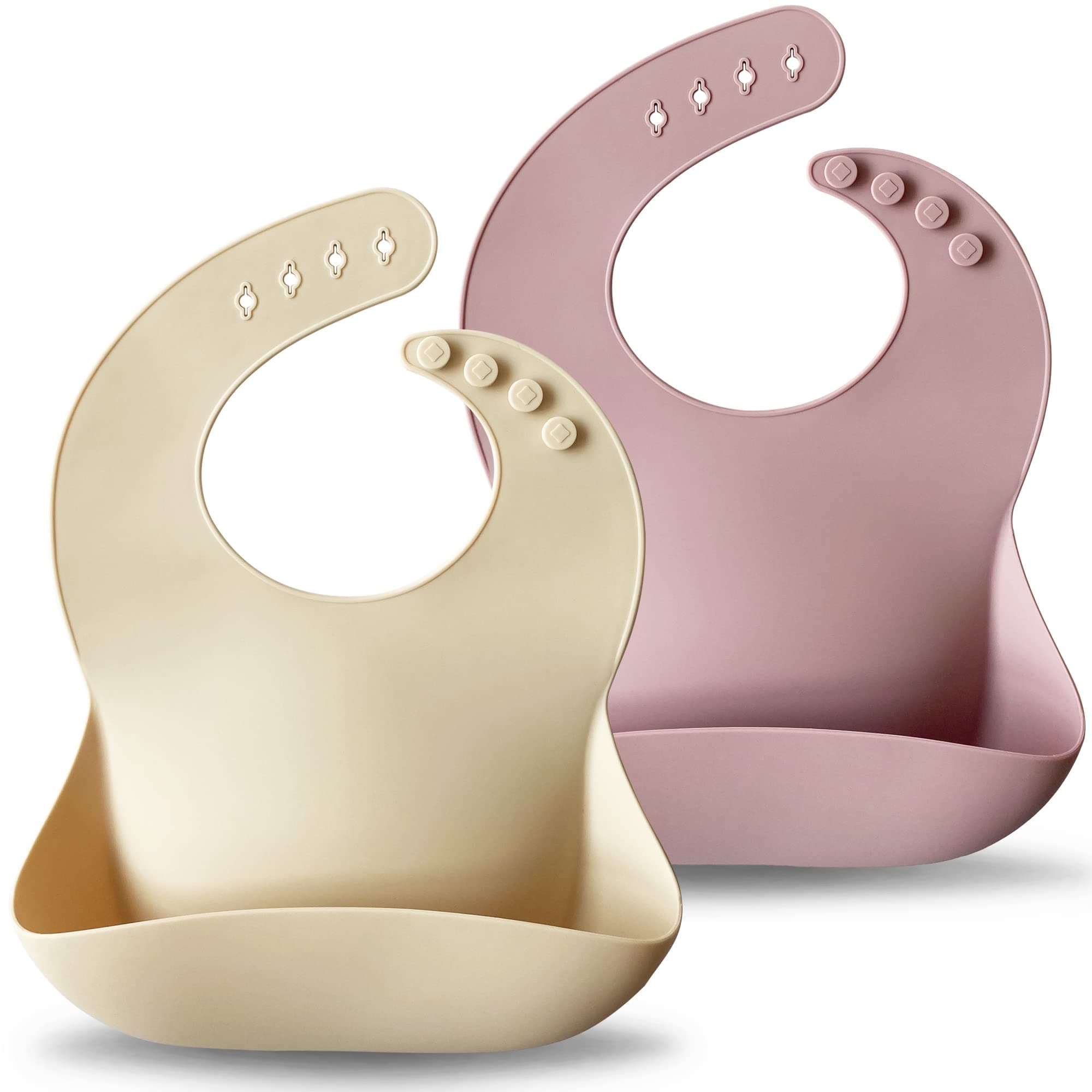 Silicone Baby Bibs Set of 2, BPA Free Waterproof Baby Bibs for Eating, Soft Adjustable Silicone Bibs for Babies 6-12 Months, Toddler Bibs with Pocket Food Catcher (Pale Mauve/Shifting Sand)