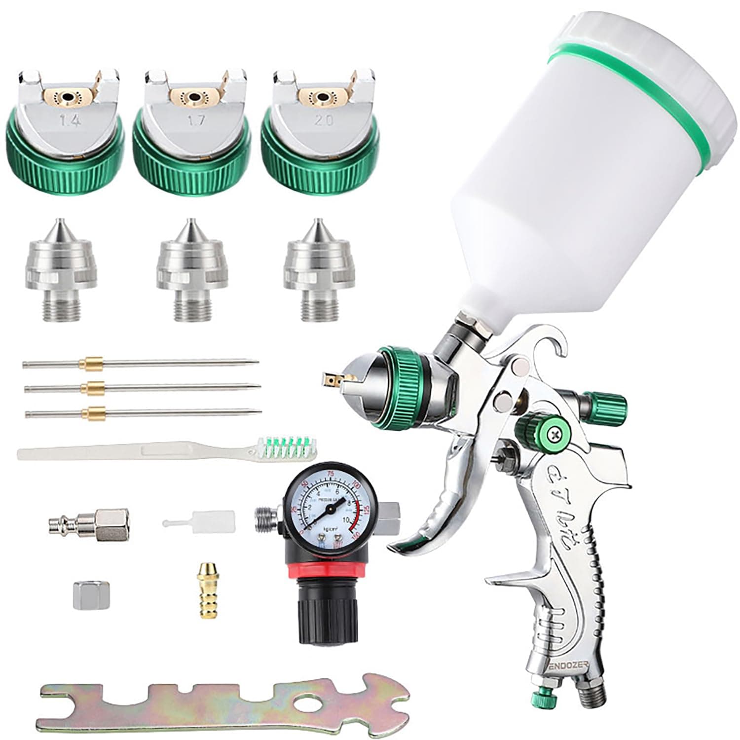 ENDOZER Professional HVLP Spray Gun Set Gravity Feed Air Spray Gun with 1.4, 1.7, 2.0mm Nozzles 20oz 600cc with Gauge for Auto Paint, Primer, Clear/Top Coat & Touch-Up (Not Suitable for Latex Paint)