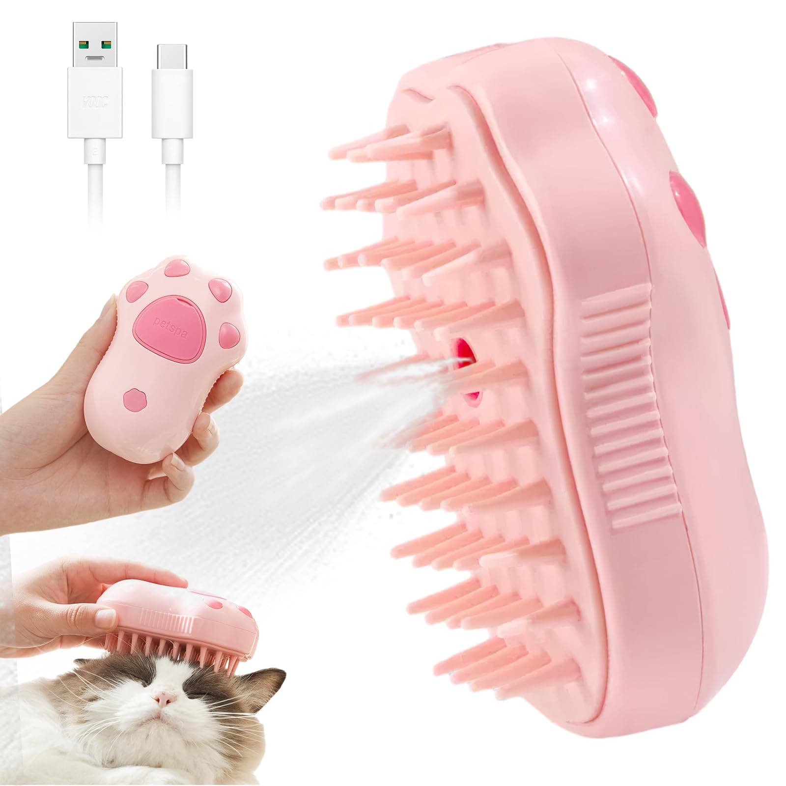 LorSou Steamy Cat Brush, 3 in 1 Cat Steamy Brush, Electric Cat Steam Brush, Cat Grooming Brush Silicone Self Cleaning Steam Brush for Massage,Clean and Removing Loose Hair