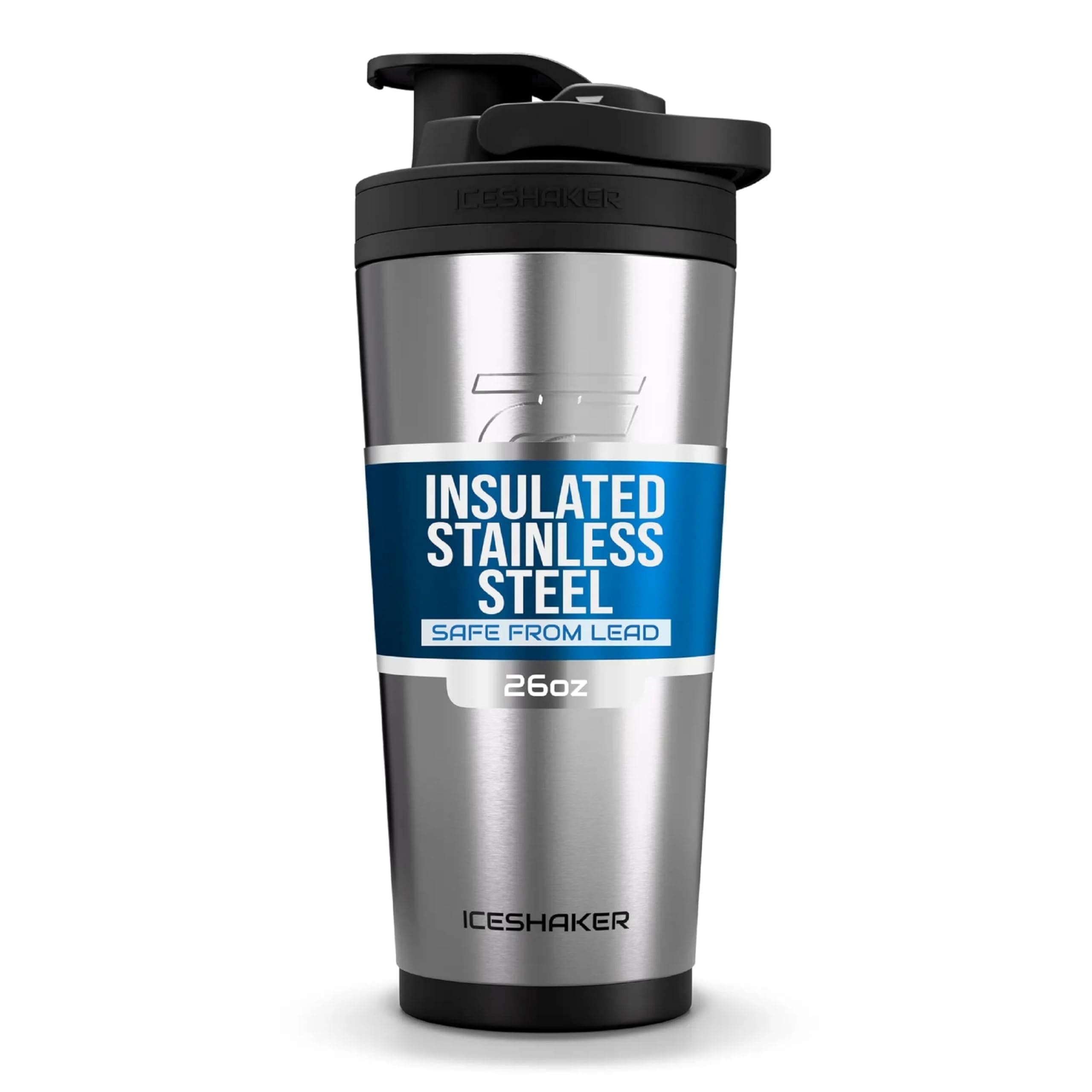 Ice Shaker Stainless Steel Insulated Water Bottle Protein Mixing Cup (As seen on Shark Tank) (Silver 26oz)