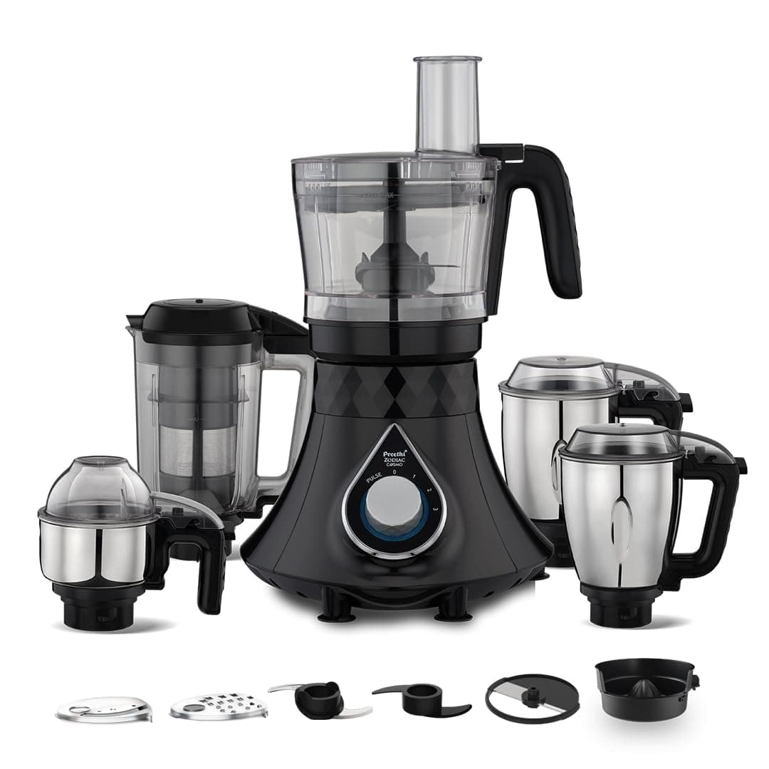 Preethi Zodiac Cosmo Mixer Grinder+ Food Processor I 750 Watt I 2yr Guarantee & Lifelong Free Service I 5 Jars (Super Extractor juicer Jar & Master Chef + Food Processor Jar), Black (MG236)