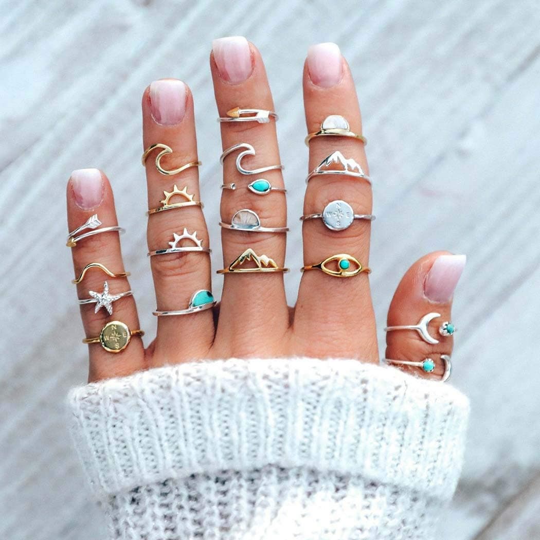 Boho Turquoise Knuckle Rings Set Gold and Silver Wave Joint Knuckle Ring Moon Stackable Finger Ring Jewelry for Women and Girls