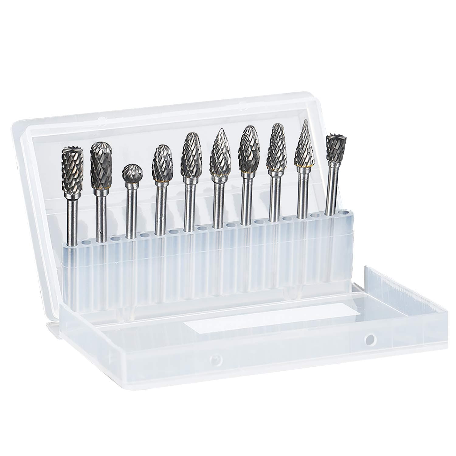 Rotary Burr Set, 10pcs Tungsten Carbide Rotary Burrs Set Double Cut Points Files Grinder Fit Rotary Tool for Engraving Wood Working Carving Polishing and Drilling, 1/8" Bit Shank 1/4” Head Size