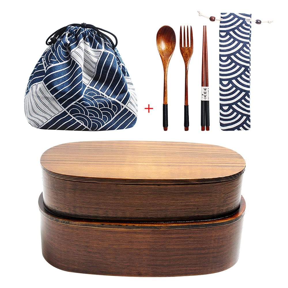DODY Wooden Lunch boxes, Japanese Traditional Natural Square Wooden Lunch Containers Women's Men's Adult Kids Wood Bento Box with Spoon Fork kit and Storage bag