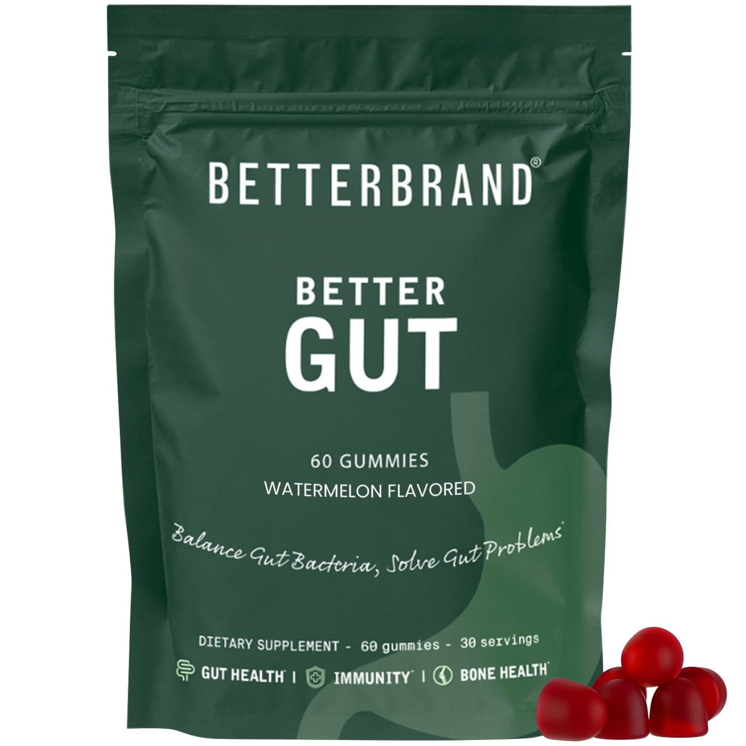 Betterbrand Better Gut Gummy - Probiotics Supplement for Gut Health, Digestive Support, Immunity and Bone Health with 2.5 Billion CFUs - Watermelon Flavor (30 Day Supply)