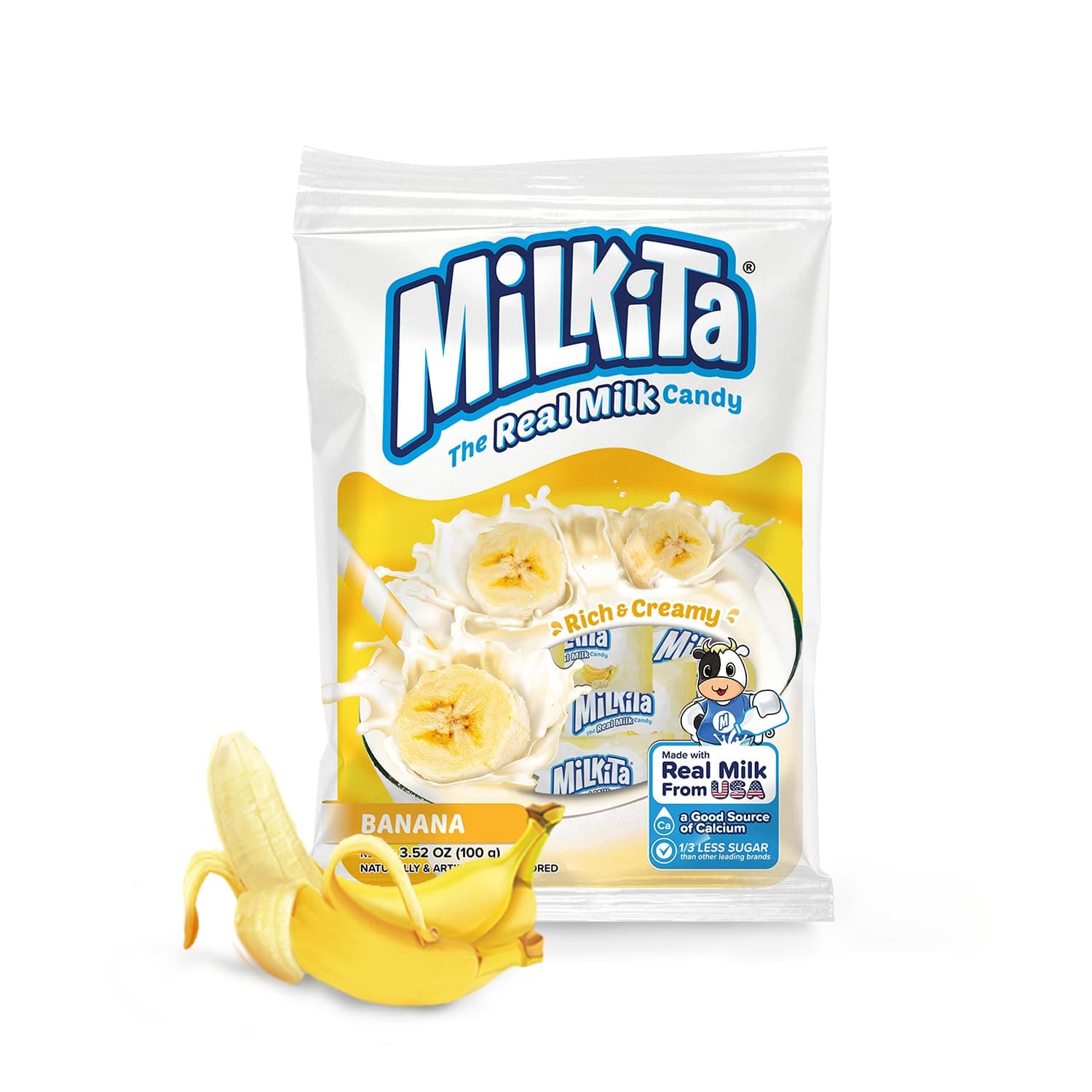 Milkita Creamy Banana Milk Candy – Low-Sugar Healthy Sweets with Real Milk for Kids & Adults – Fat Free & Gluten Free Candy with Calcium for Everyday Indulgence (25 Count Bag)