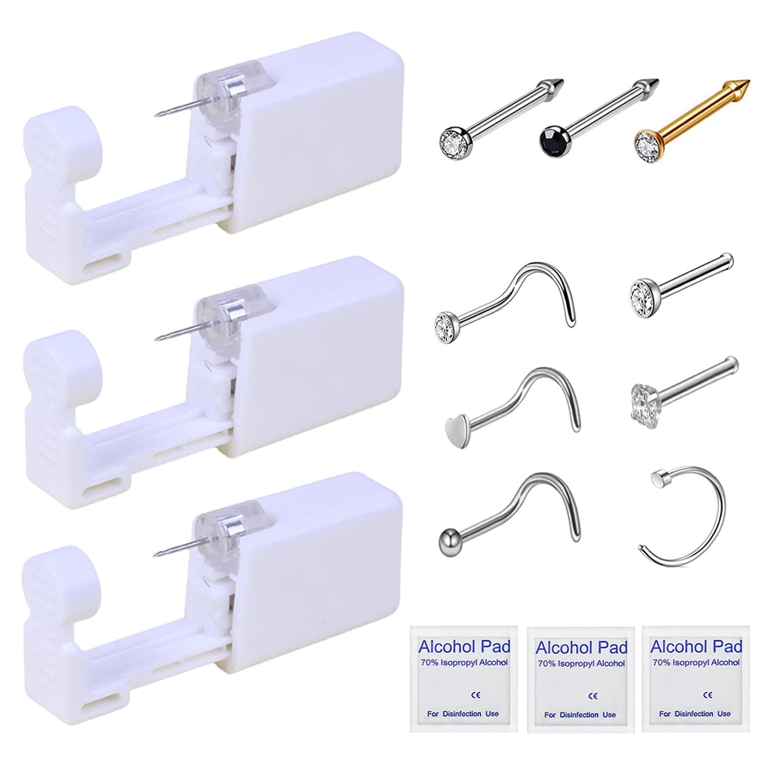 Nose Piercing Kit - 3 Pack Self Piercing Gun, Disposable Safety Kit with Nose Rings and Studs