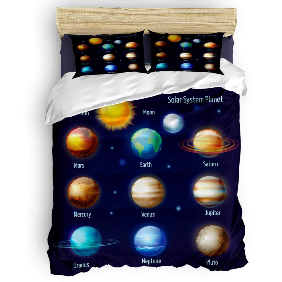 Laibao Home 4 Piece Bedding Set for Children/Adults/Kids/Teen, Soft Bed Sheets, Duvet Cover, Flat Sheet, Pillow Covers, Solar System Planet Printing Bedding Sets Queen Size
