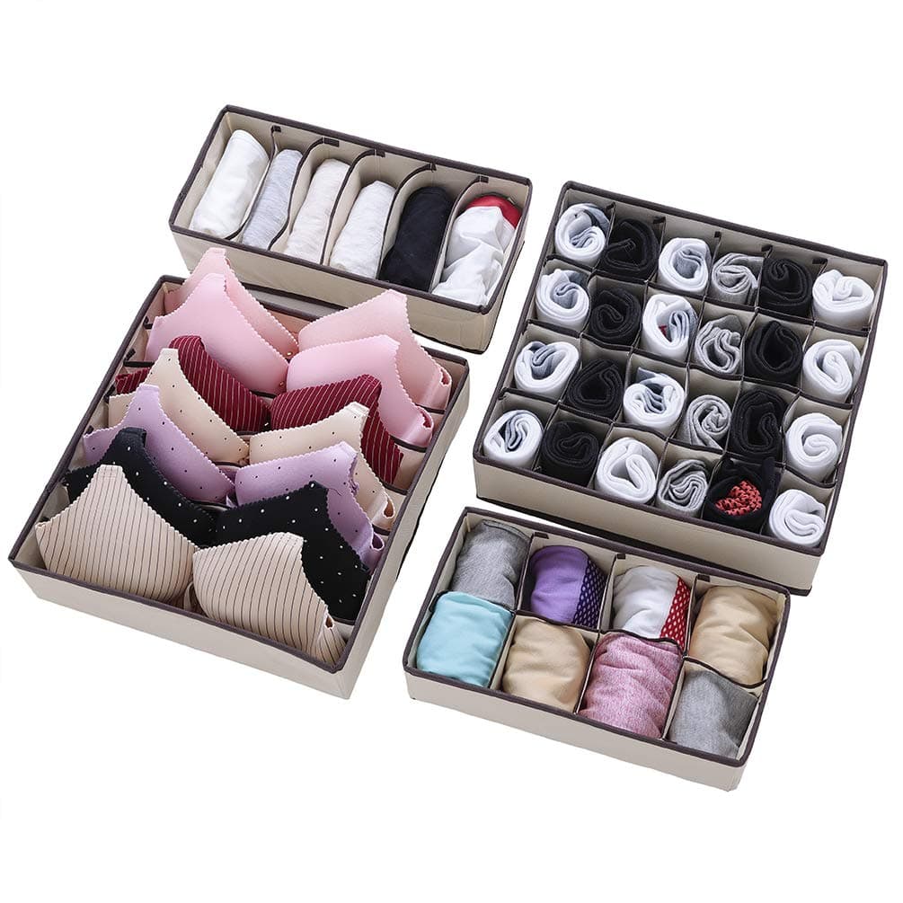 Heaci Underwear Organizer Foldable Storage Box Drawer Divider for Bras Panties Socks Ties, Set of 4,Beige