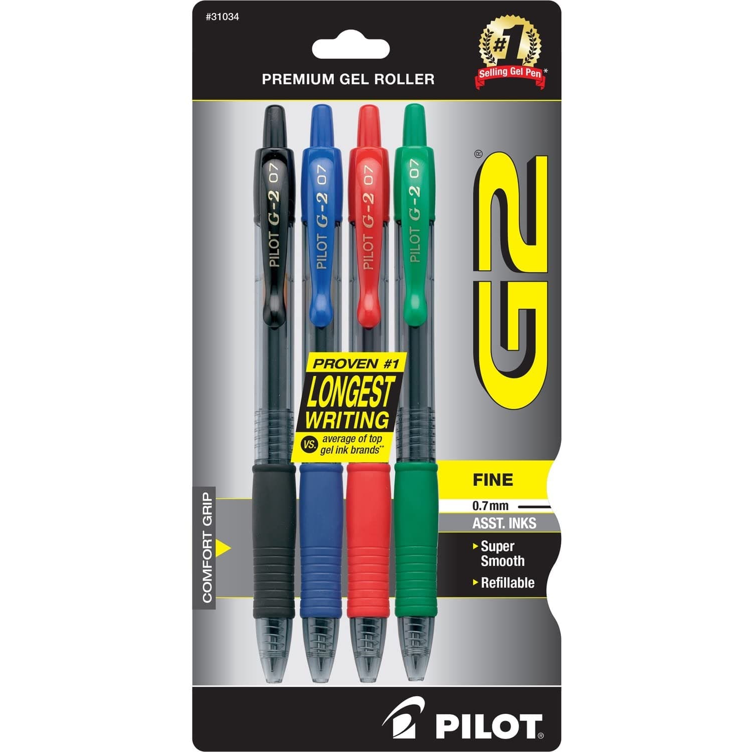 G2 Premium Refillable and Retractable Rolling Ball Gel Pens, Fine Point, Black/Blue/Red/Green Inks, 4-Pack (31034)