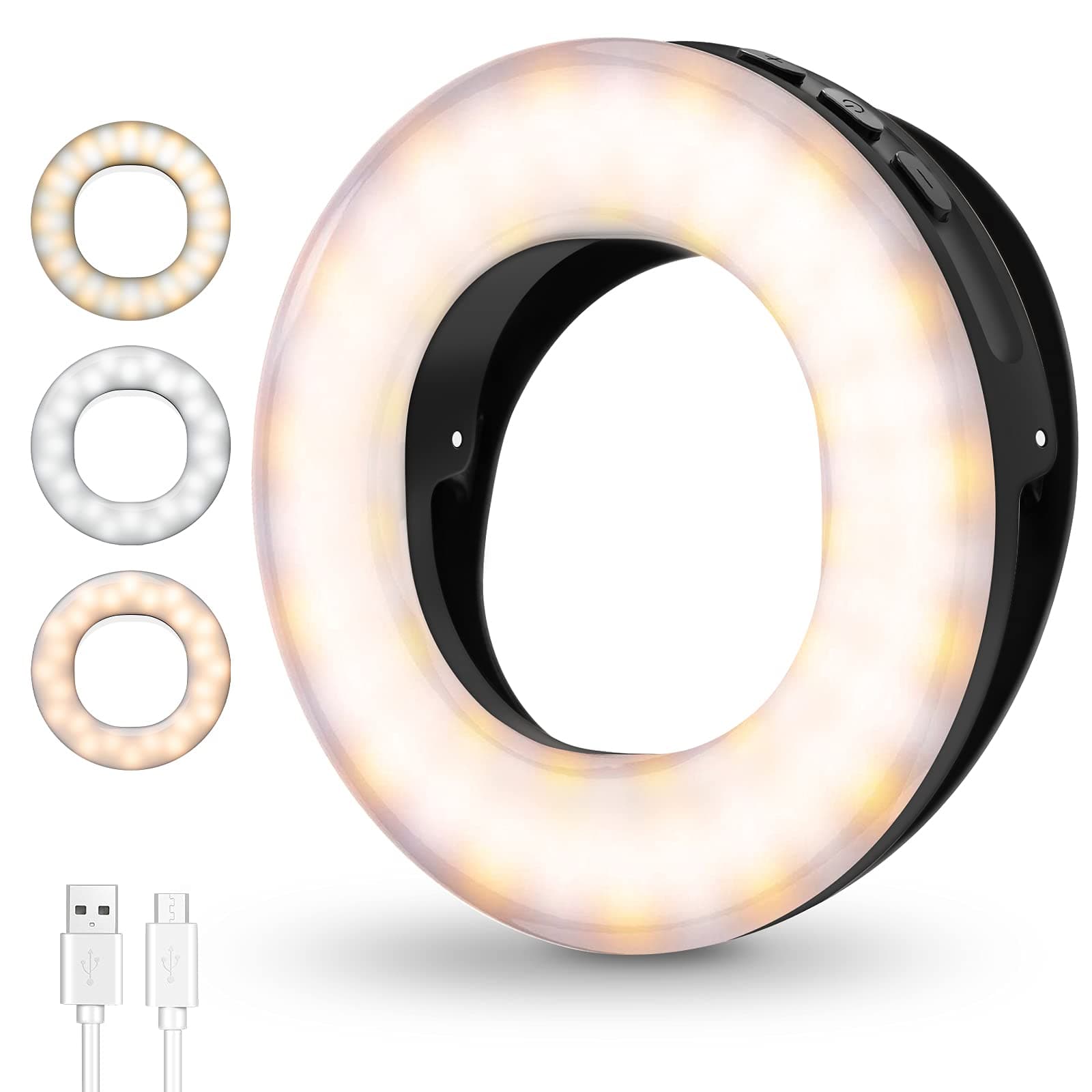 Selfie Ring Light, Rechargeable Portable Clip-on Fill Light with 40 LED 3 Colors Mode Adjustable Brightness Mini Ring Light for Tiktok Photography, Camera Video, Makes up, Black