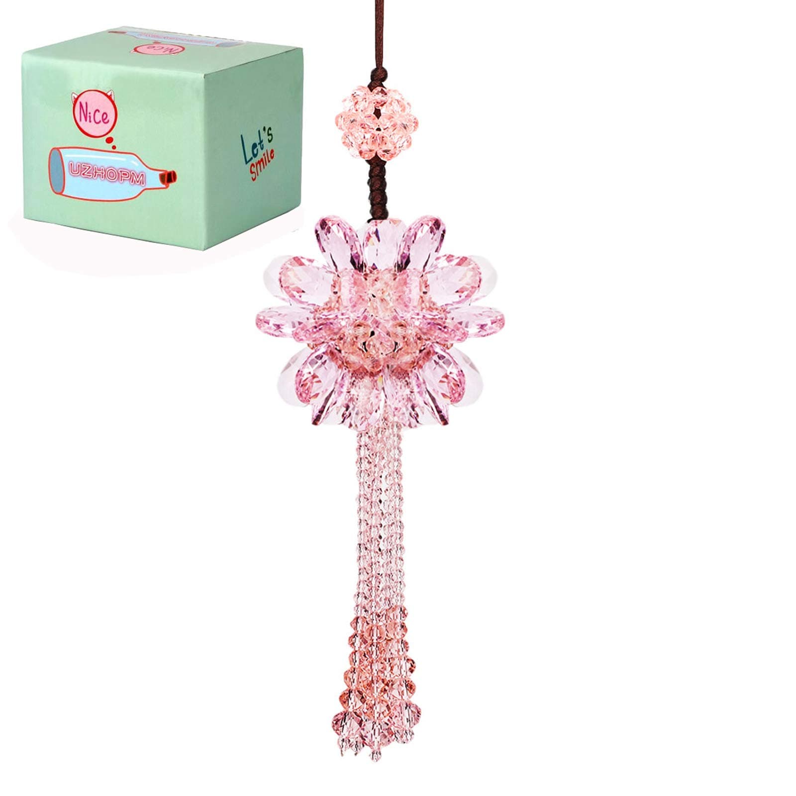 Crystal Flower Car Hanging Ornament Car Rear View Mirror Pendant Car Accessories Home Party Decor (Pink)