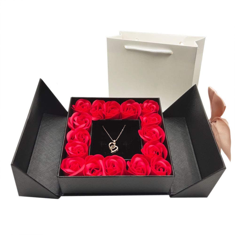 Eternal Roses Gift Box with Design Necklace 100 Languages Love You Birthday Gifts for Her Women Wife Mom Girlfriend on Anniversary Mothers Day Valentines Day Christmas(Black, Heart)