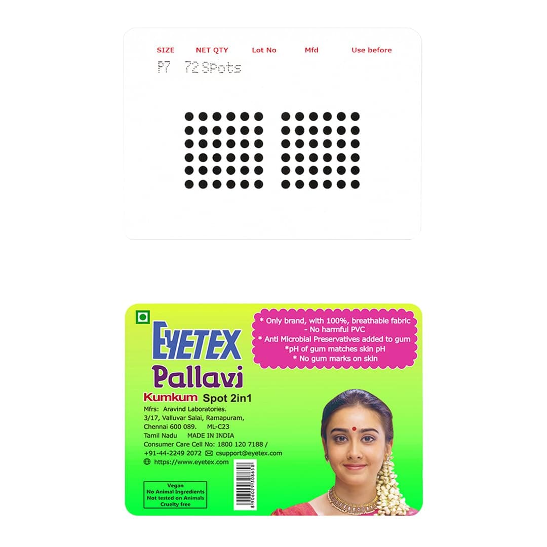 Eyetex Pallavi Sticker Kumkum (Round), P7 - Black, 20 Flaps, Only Brand with 100% Breathable Fabric, No Harmful PVC, Skin Neutral pH, Does not Irritate Skin, Pack of 1