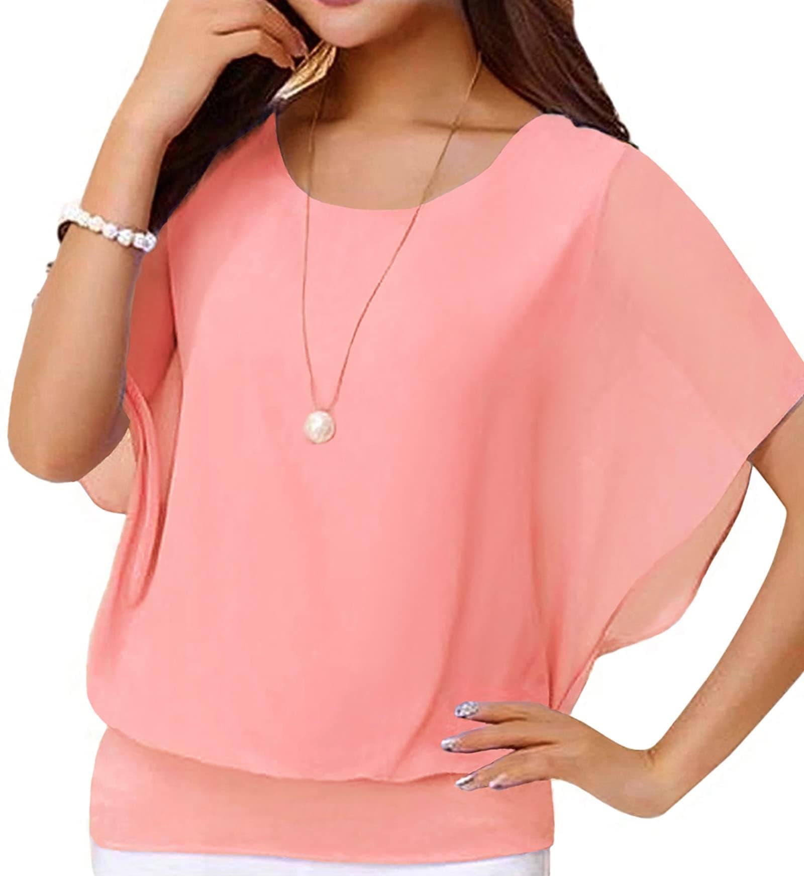 Neineiwu Women's Loose Casual Short Sleeve Chiffon Top T-Shirt Blouse