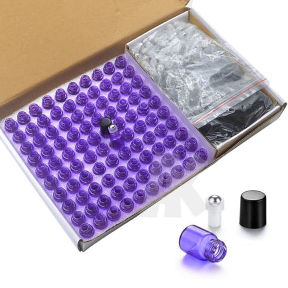 Oil Bottles for Essential Oils 1ml(1/4 Dram),100 Pack Purple Glass Roller Bottles Small Essential Oil Bottles with Stainless Steel Roller Ball Black Lids for Aromatherapy DIY Sample Blends Diluting