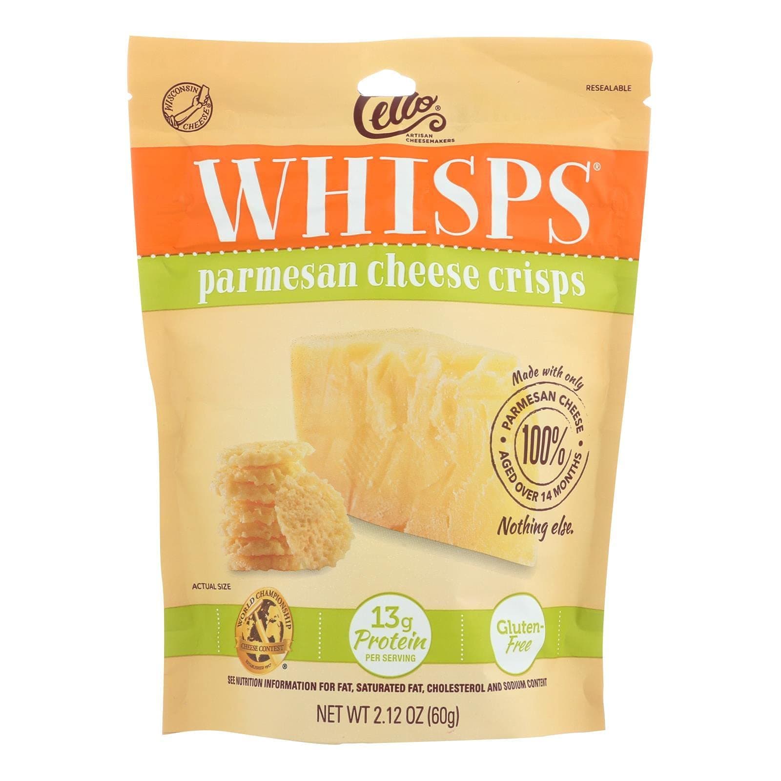 Cello Whisps Parmesan Cheese Crisps, 2.12 Ounce - 12 per case.