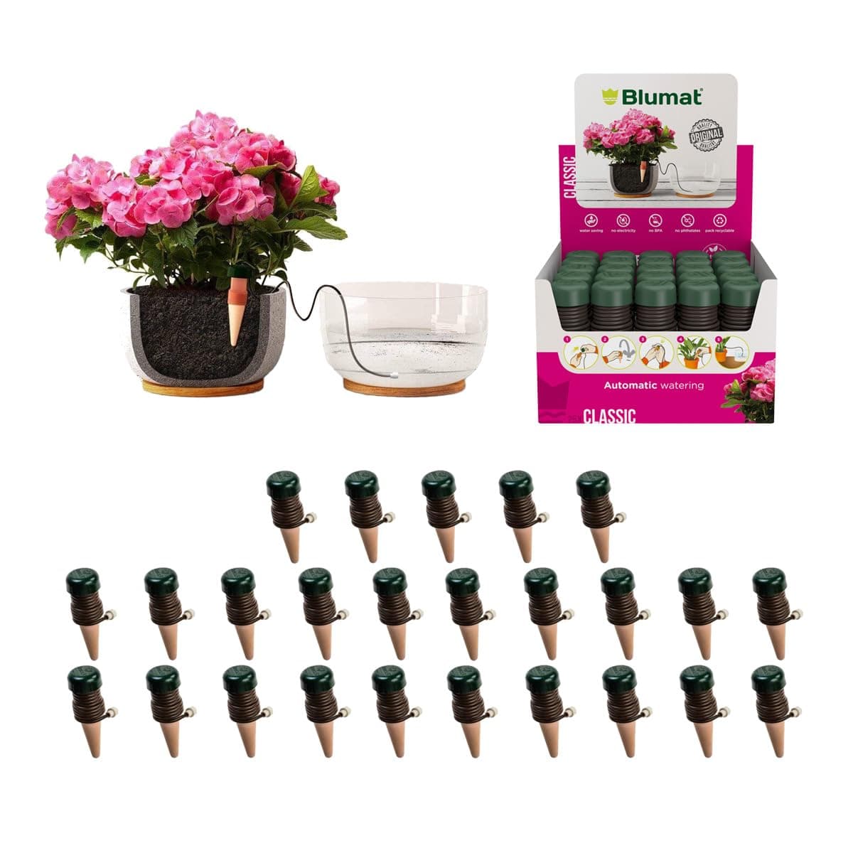 Classic Self-Watering Stakes - Automatic Drip Irrigation System for Indoor Plant Watering & Outdoor - Water Drip Solution for Potted Plants - Slow Release Stakes, 25 Pack, wo Adapter