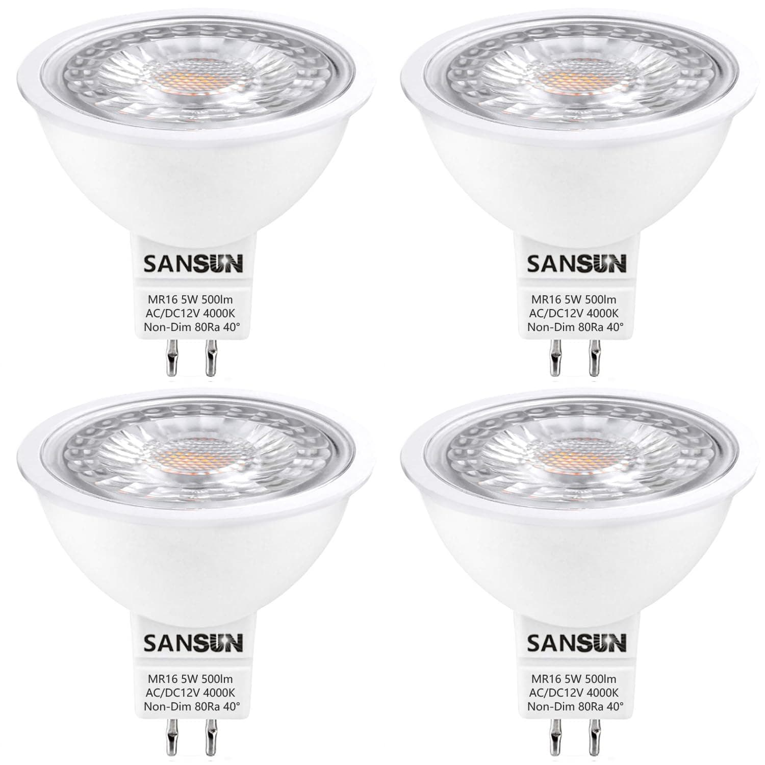 SANSUN 5W MR16 LED Landscape Light Bulbs, Low Voltage 12V 50W Halogen Replacement for Outdoor Landscape Spotlight and Track Light, GU5.3 Bi-Pin Base, Daylight White 4000K, Non-Dimmable, (Pack of 4)