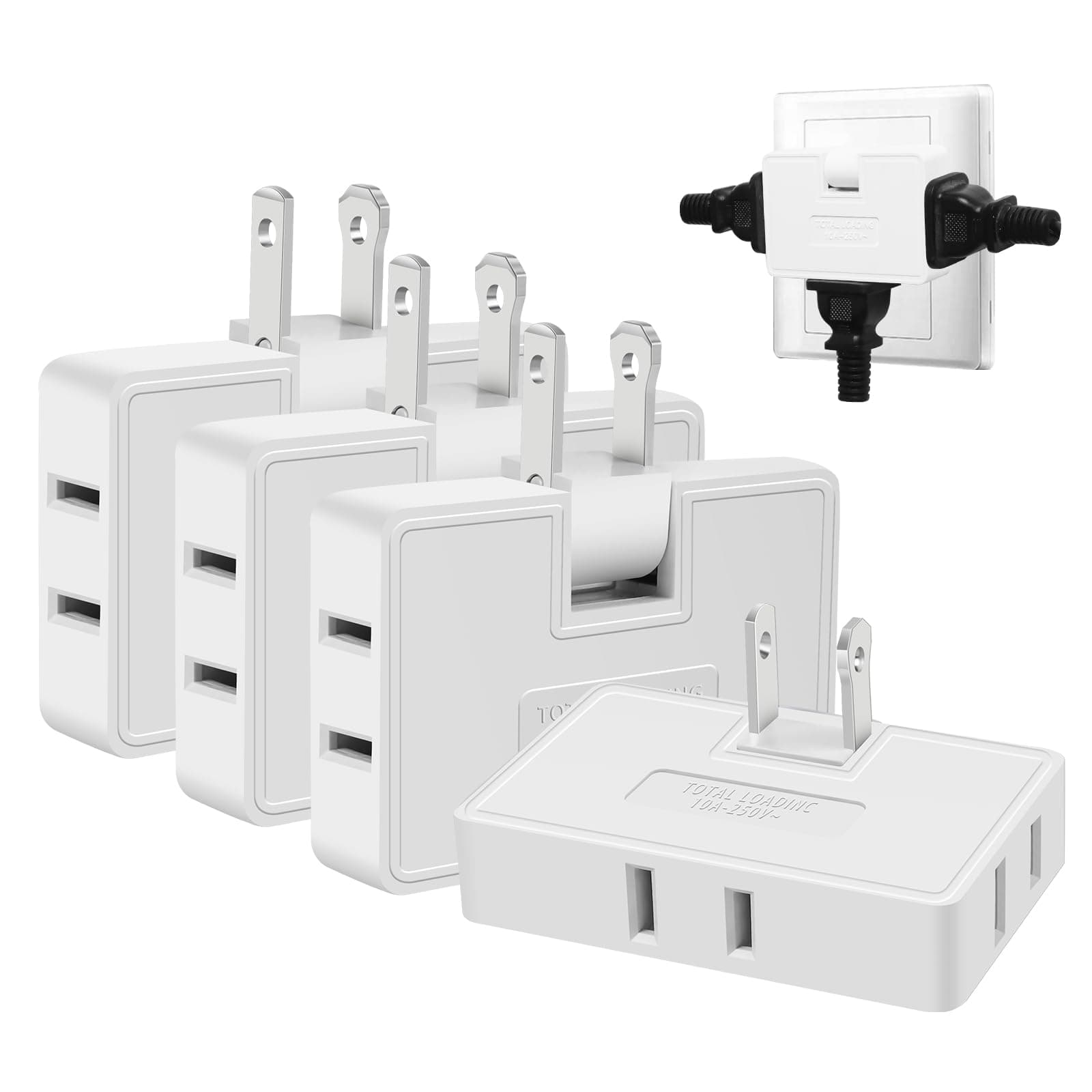 3 Way Flat Wall Outlet Extender Adapter- 4 Pack 180 Degrees Rotatable Flat Plug AC Adapter, 2 Prong Foldable Swivel Outlet Extender, Outlet Splitter for Behind Furniture (White, Type A)