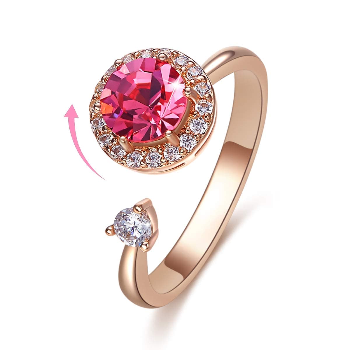 CRYSLOVE Womens Fidget Ring Rotating Crystals Open Ring Rose Gold Plated Adjustable Romantic Birthday Rotatable Rings