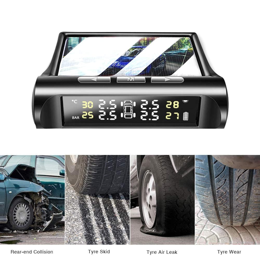 TPMS Tyre Pressure Monitoring System, Tire Pressure Checker Solar & USB Rechargeable, Auto Alarm and Real Time Detection, LCD Screen with 4 Waterproof External Sensors for Car
