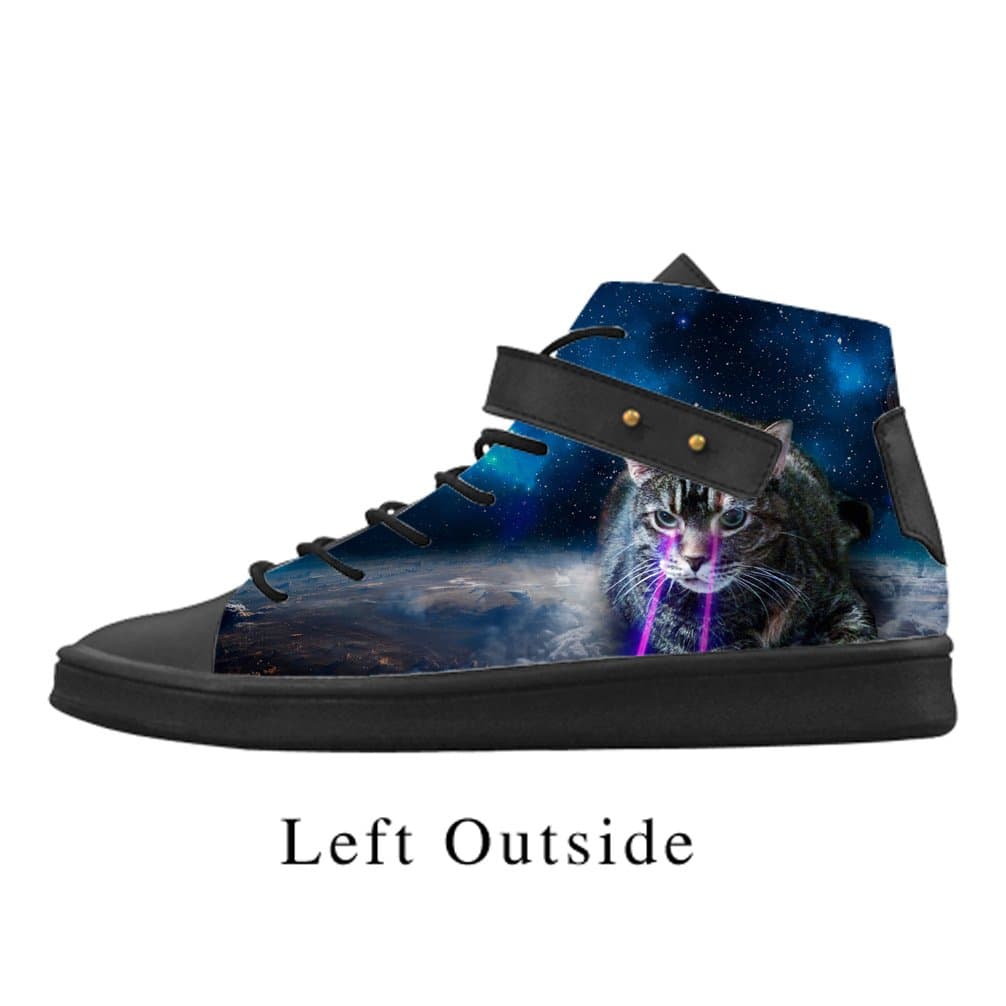 JIUDUIDODO Custom Men's Funny Cat & Galaxy Space leather Lace Up High top Shoes