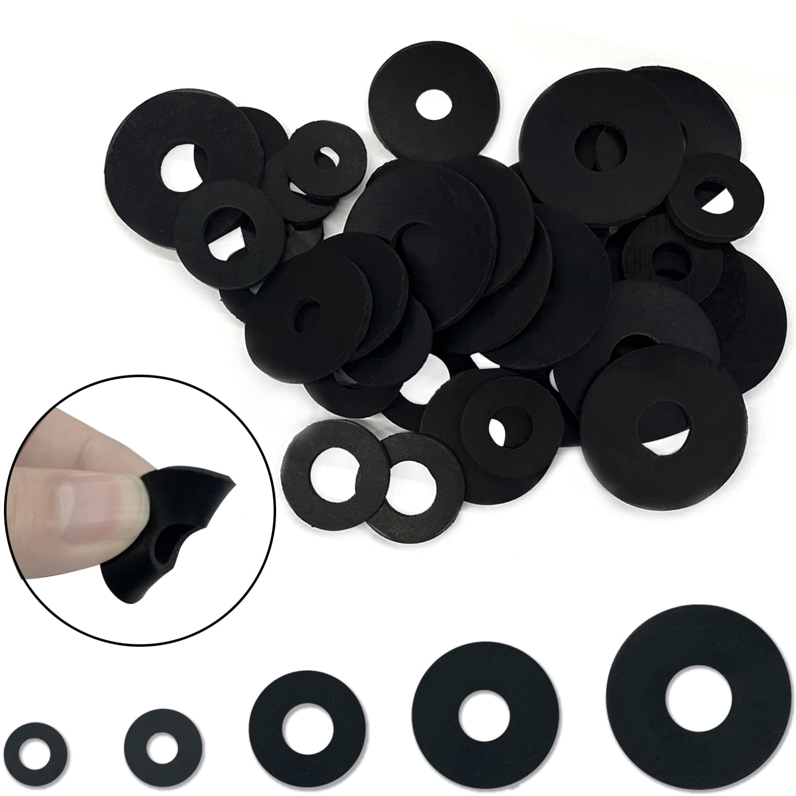 200 Pcs Flat Rubber Washers Assortment Kit: Black Rubber Flat Washer for Bolts/Faucets/Screws/Garden Hose/Plumbing, 5 Sizes