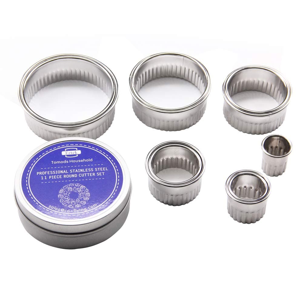 11Pcs Stainless Steel Fluted Round Cookie Cutters Cake Mousse Mould Cake Baking Rings Pastry Fondant Cookies Donuts Dough Cutter with Storage Tin