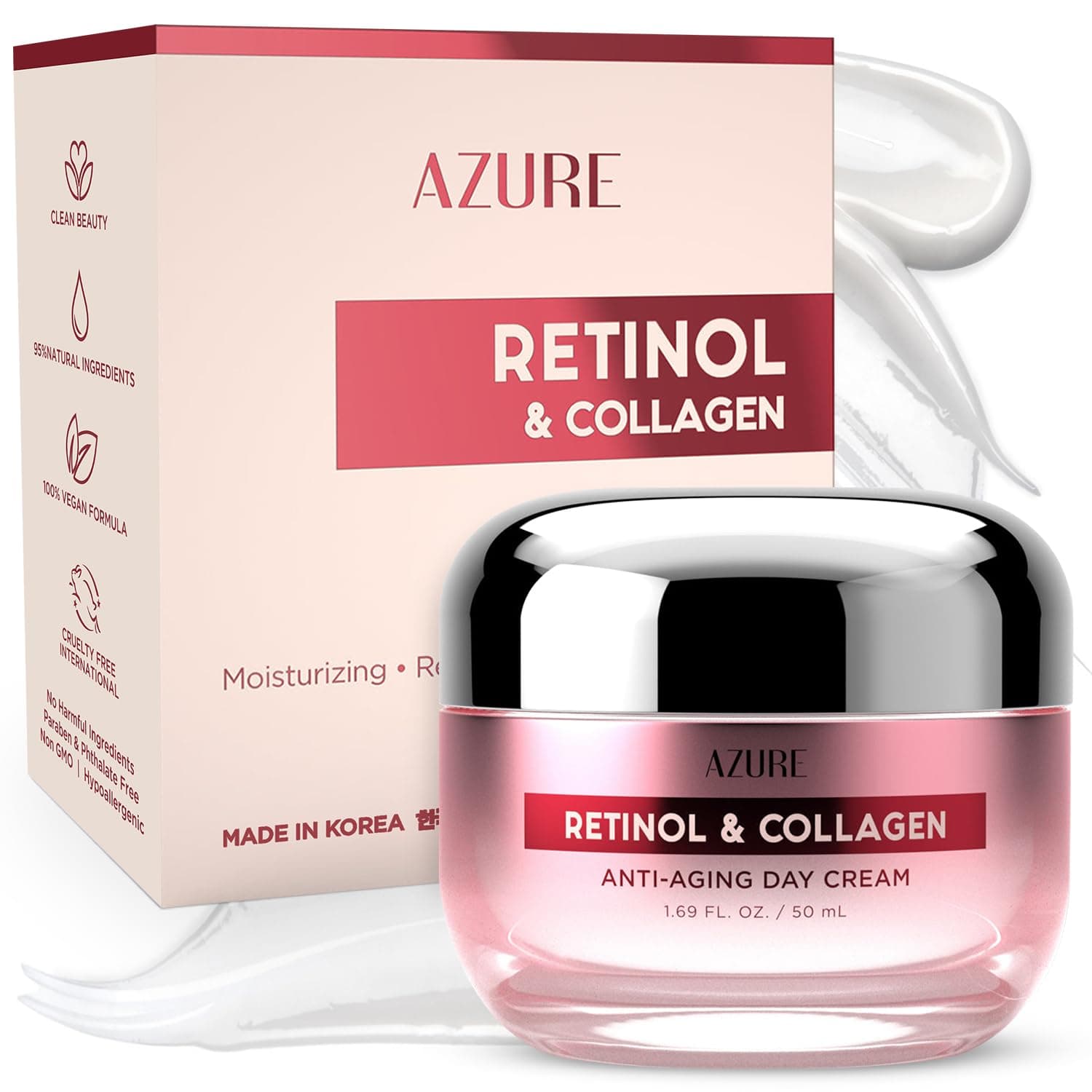 Azure Cosmetics Retinol & Collagen Day Cream - Anti Aging, Restoring & Hydrating Moisturizer - Reduces Fine Lines, Evens Tone - 50mL / 1.69 fl.oz.