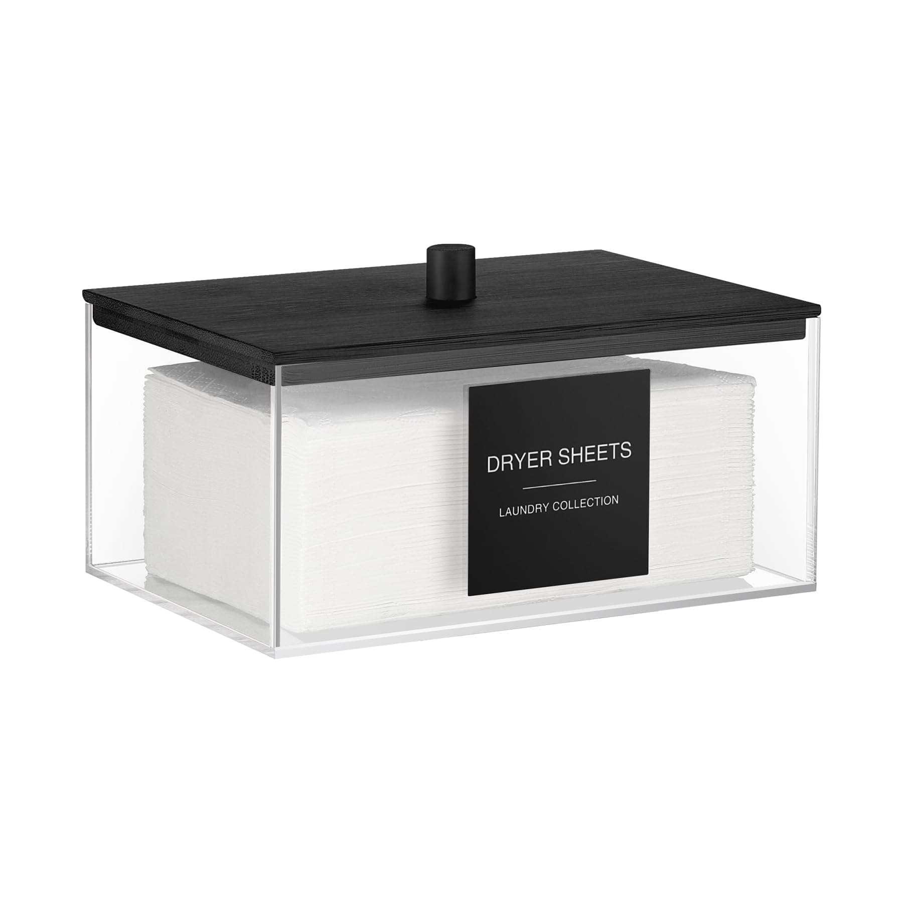 TIPGO Black Acrylic Dryer Sheet Holder with Lid, Minimalist Laundry Labels, 7x5x3.5 Inches, 27 Compartments, Flip Top, Laundry Room Organization