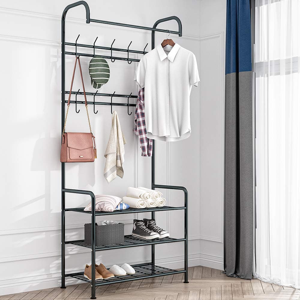 LENTIA Multifunctional Metal Coat Rack Hallway Stand Shoes Rack with 3 Shelves for Clothes, Hats, Bags, Shoes, Umbrallas, Black, 185cm