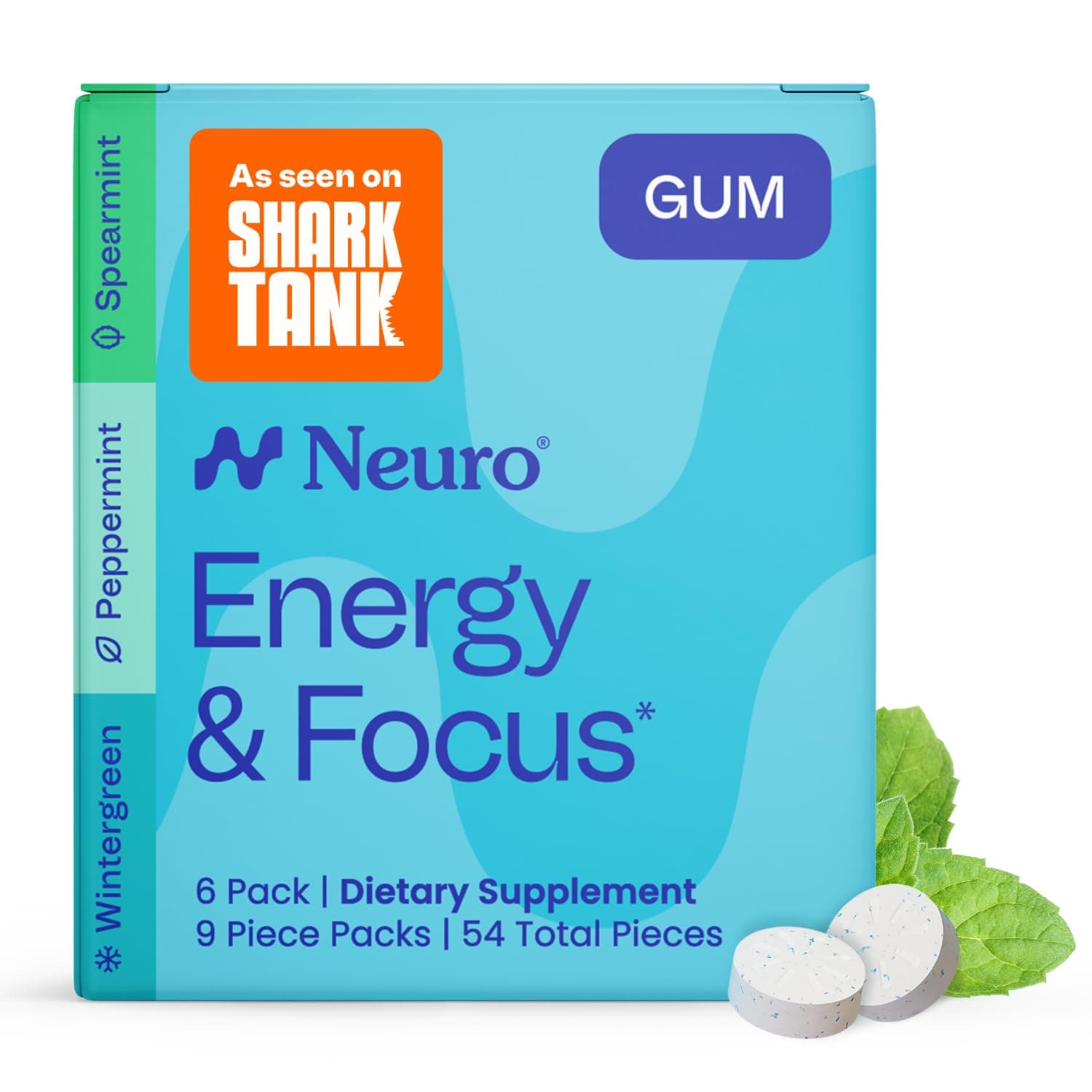 Neuro Variety Pack Gum - Energy & Focus Gum (Peppermint, Spearmint, Wintergreen) - Nootropic Supplement with Natural Caffeine + L-Theanine for Brain Health - Sugar Free, Vegan - 54 ct, 6 Pack