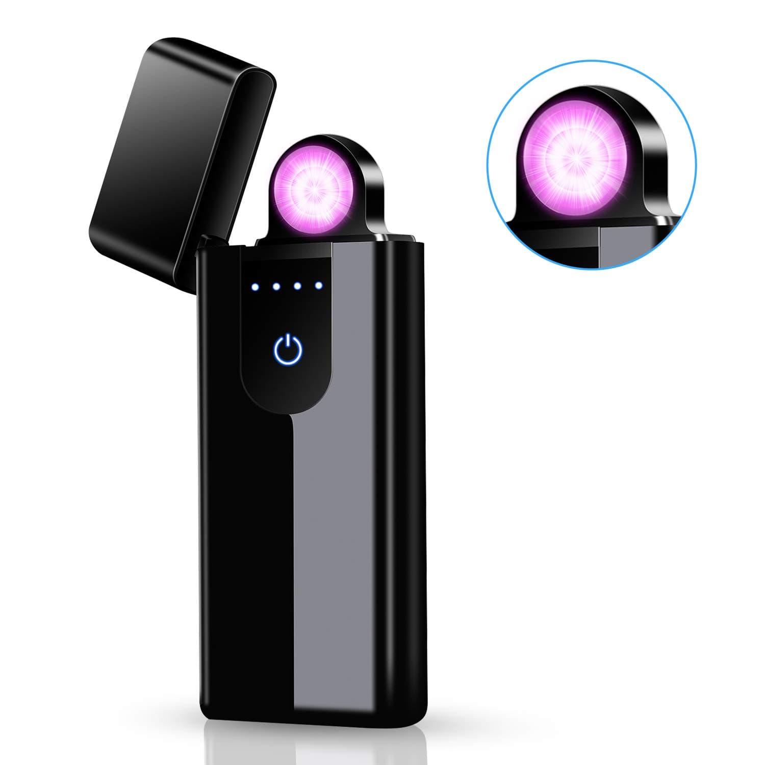 Electric Lighter, Windproof Rotating Arc Lighter, USB Rechargeable Plasma Lighter with Gift Box, Flameless, Battery Indicator Lighter for Candle and Outdoor Camping, Black