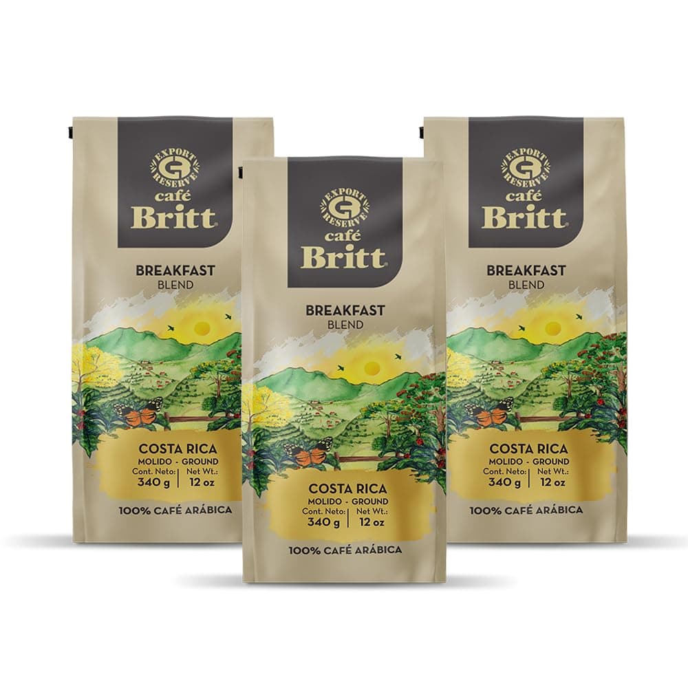 Café Britt® - Costa Rican Breakfast Blend Coffee (12 oz.) (3-Pack) - Ground, Arabica Coffee, Kosher, Gluten Free, 100% Gourmet & Medium Dark Roast
