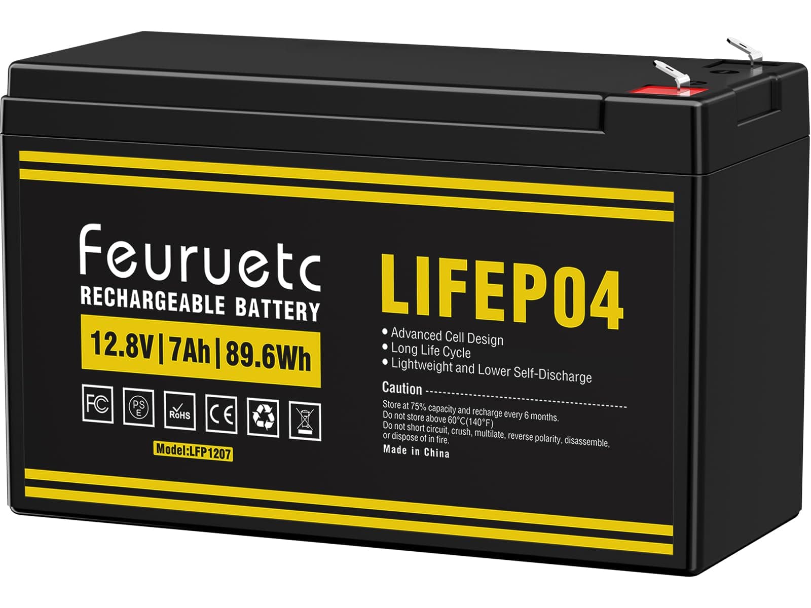 12V 7Ah LiFePO4 Lithium Battery, 12.8V 7Ah Rechargeable Battery with BMS, 128Wh Output, 1500+ Deep Cycles, Backup Power for RV, Solar, Marine, Home Energy Storage