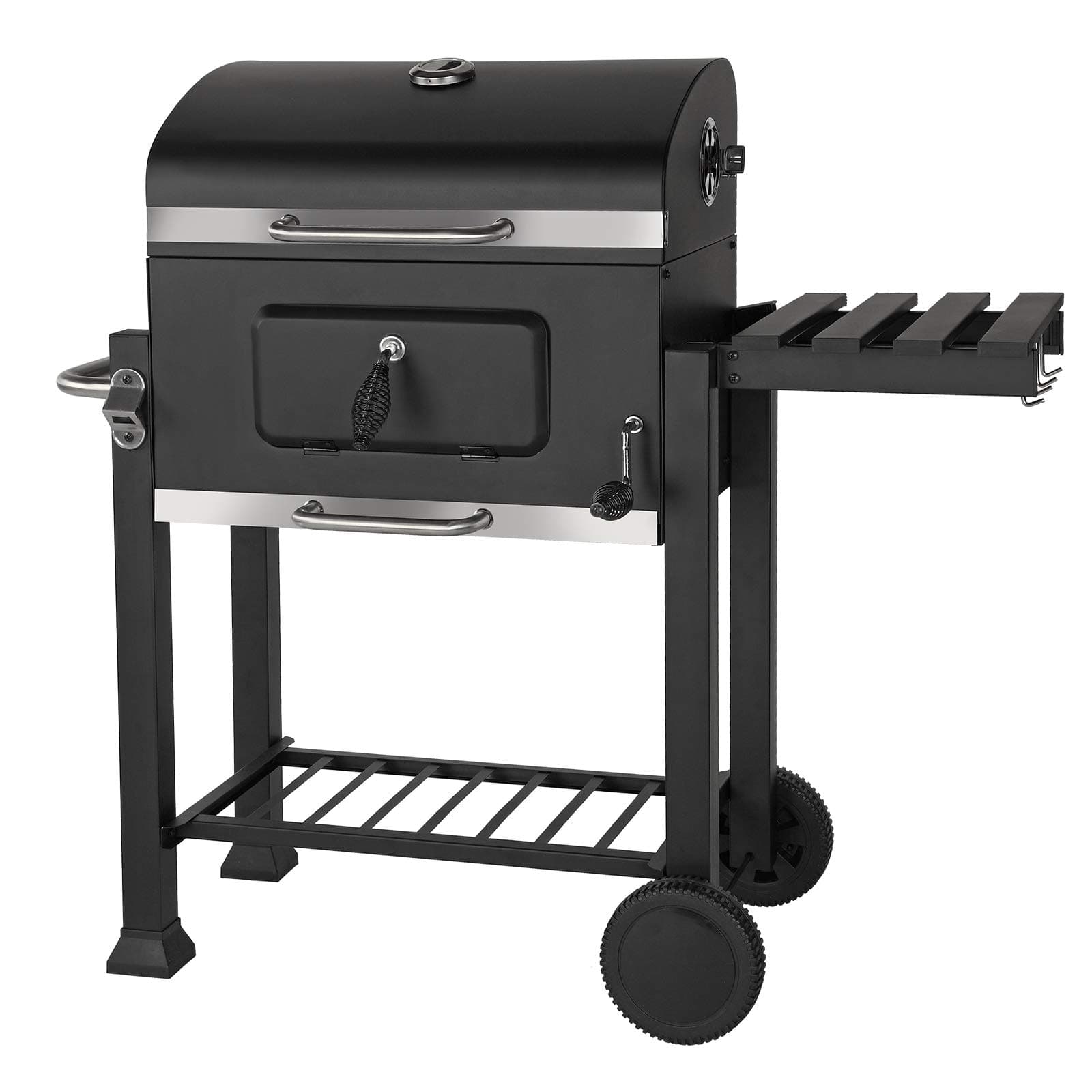 Large Charcoal Trolley Rectangular BBQ Barbecue Grill Portable Steel Garden Outdoor Cooking Patio W/Heat Indicator Wheels Shelves Removable Ash Catcher Height Adjustable Charcoal Tray